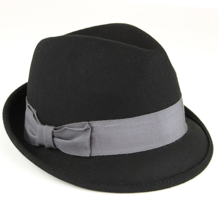 Wool felt trilby hat with wide band and side bow - Black
