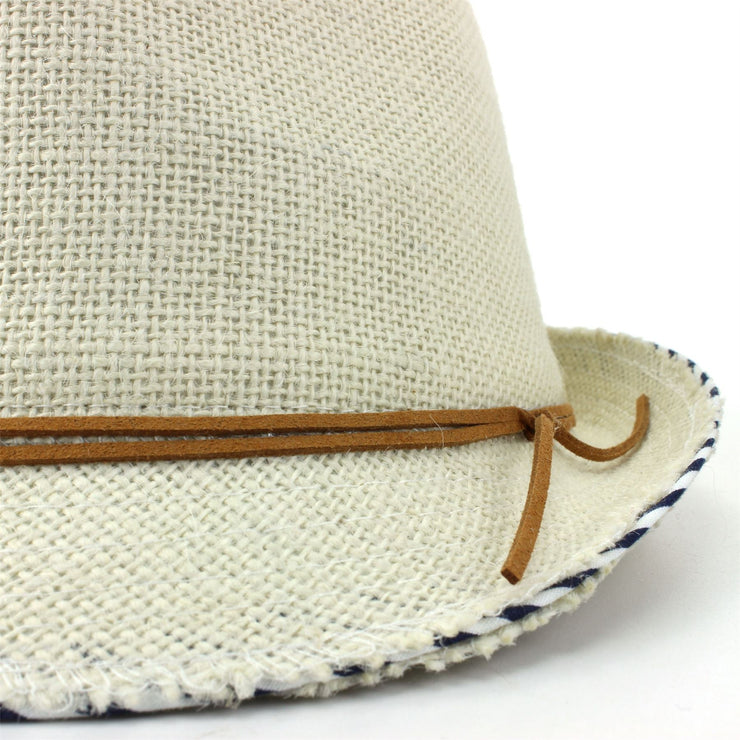 Hessian Cotton Trilby Fedora Hat with Leather Band - Off White