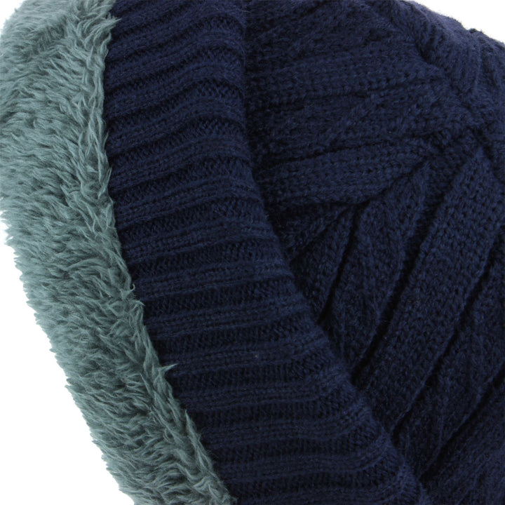 Fine Knit Beanie Hat with Super Soft Fleece Lining - Blue