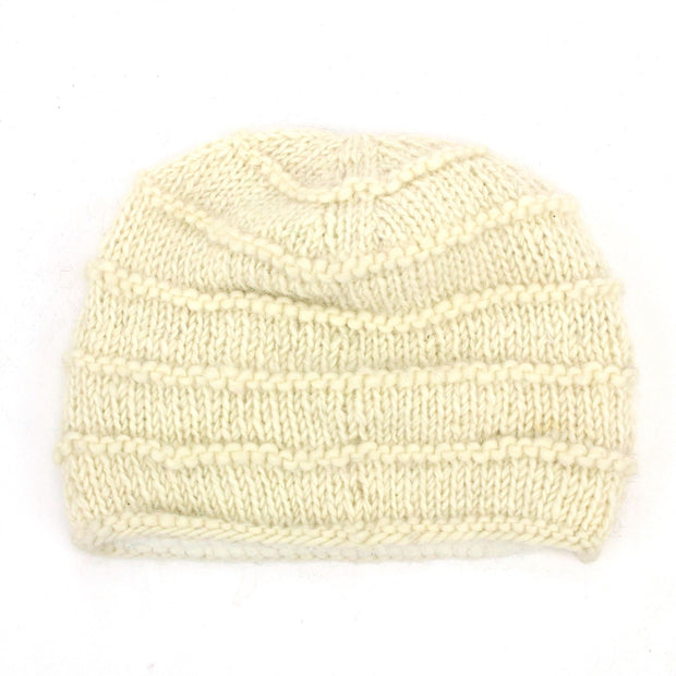 Hand Knitted Wool Beanie Hat - Plain Cream