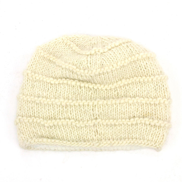 Hand Knitted Wool Beanie Hat - Plain Cream