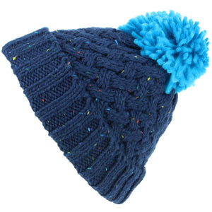 Children's Chunky Lattice Knit Navy Fleck Bobble Beanie Hat with Fleece Lining - Blue Bobble
