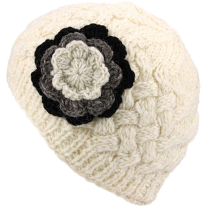 Bonnet en laine torsadée pour femme avec fleur contrastée - Blanc cassé