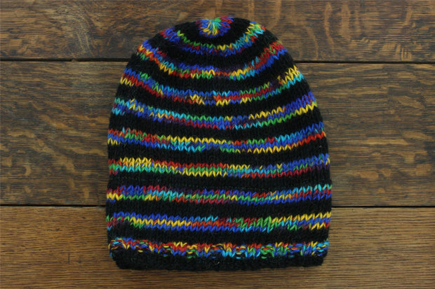 Hand Knitted Baggy Slouch Beanie Hat - Stripe Black Rainbow SD