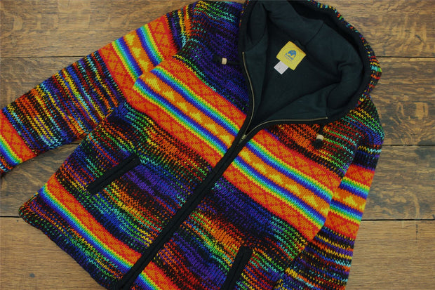 Hand Knitted Wool Hooded Jacket Cardigan - SD Black Rainbow Orange