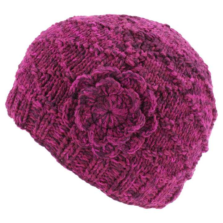 Acrylic Knit Flower Beanie Hat - Purple