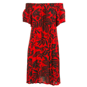 Gerafftes, bequemes Kleid – roter Hibiskus