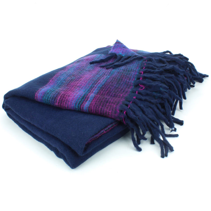 Tibetan Wool Blend Shawl Blanket - Navy with Purple Reverse