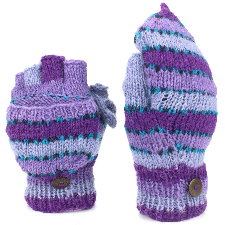 Chunky Wool Knit Fingerless Shooter Gloves - Stripe - Purple