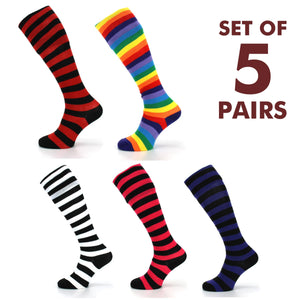 Lange knæhøje stribede sokker - sæt 5