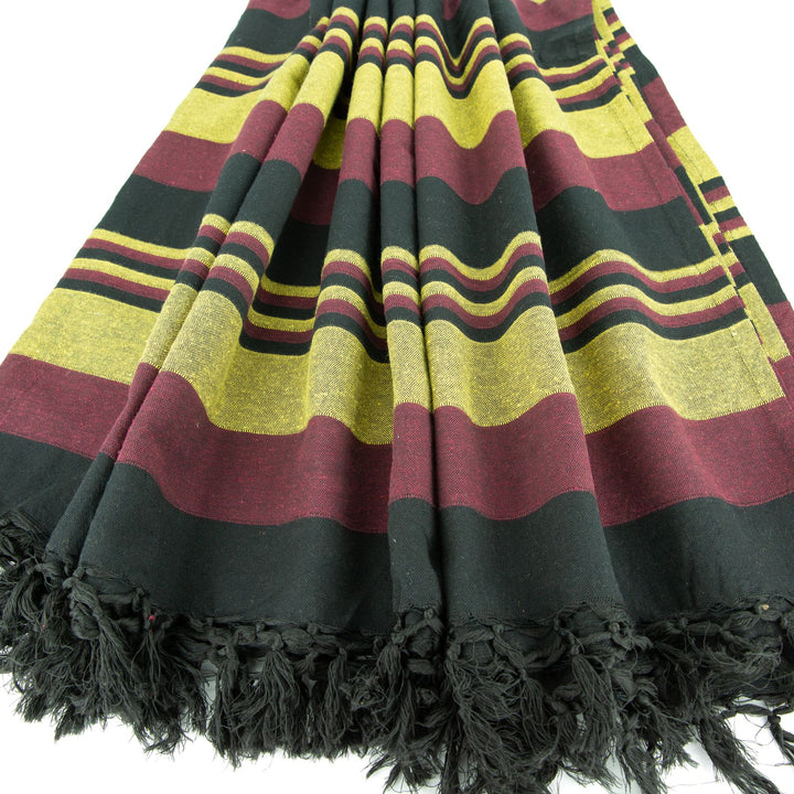 Striped Cotton Blanket With Tassel Edging - Burgundy Gold