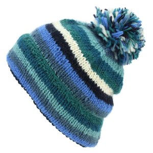 Bonnet à pompon en grosse laine tricotée - rayure bleu blanc
