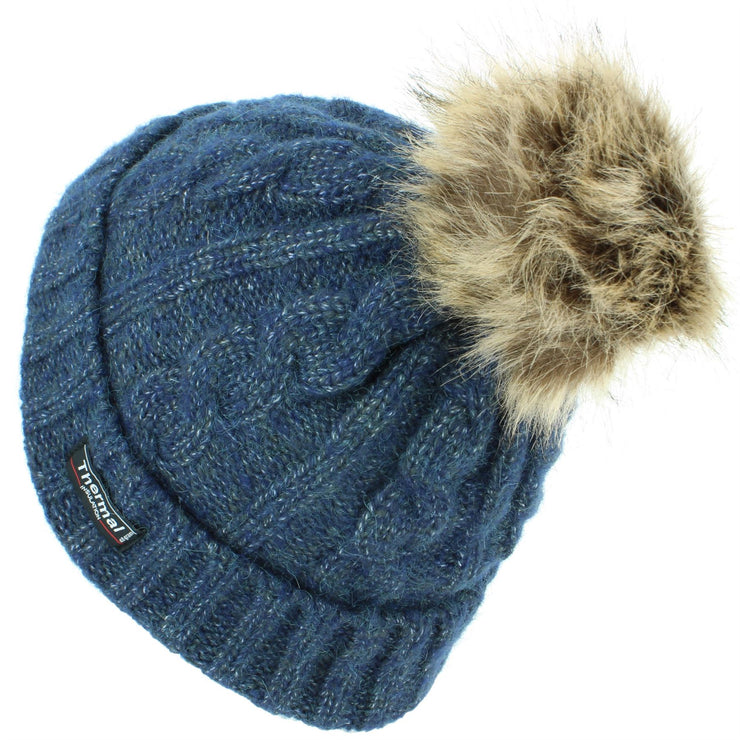 Cable Knit Beanie Hat with Thermal Lining and Faux Fur Bobble - Blue
