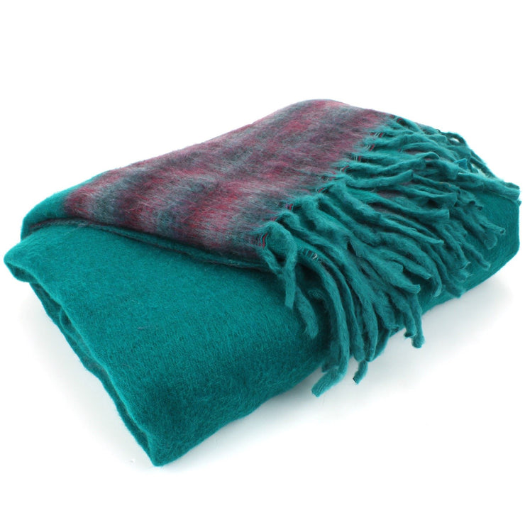 Tibetan Wool Blend Shawl Blanket - Teal with Maroon Reverse