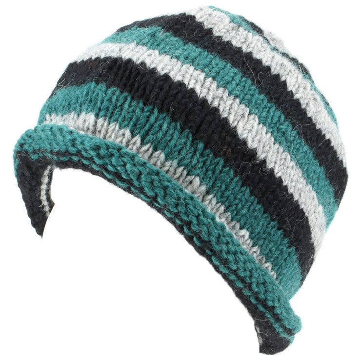 Chunky Wool Knit Beanie Hat with Rolled Brim - Green