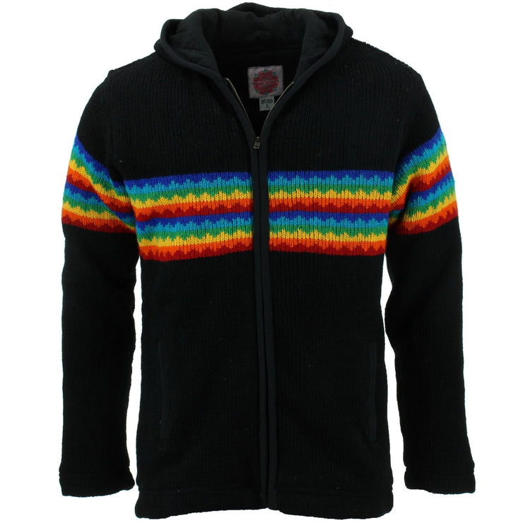 Wool Knit Hooded Cardigan Jacket - Black Rainbow Zig Zag