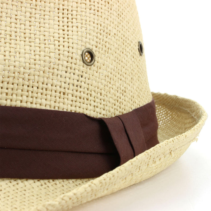 Straw Trilby Fedora Hat with Ventilation and Ribbon - Brown