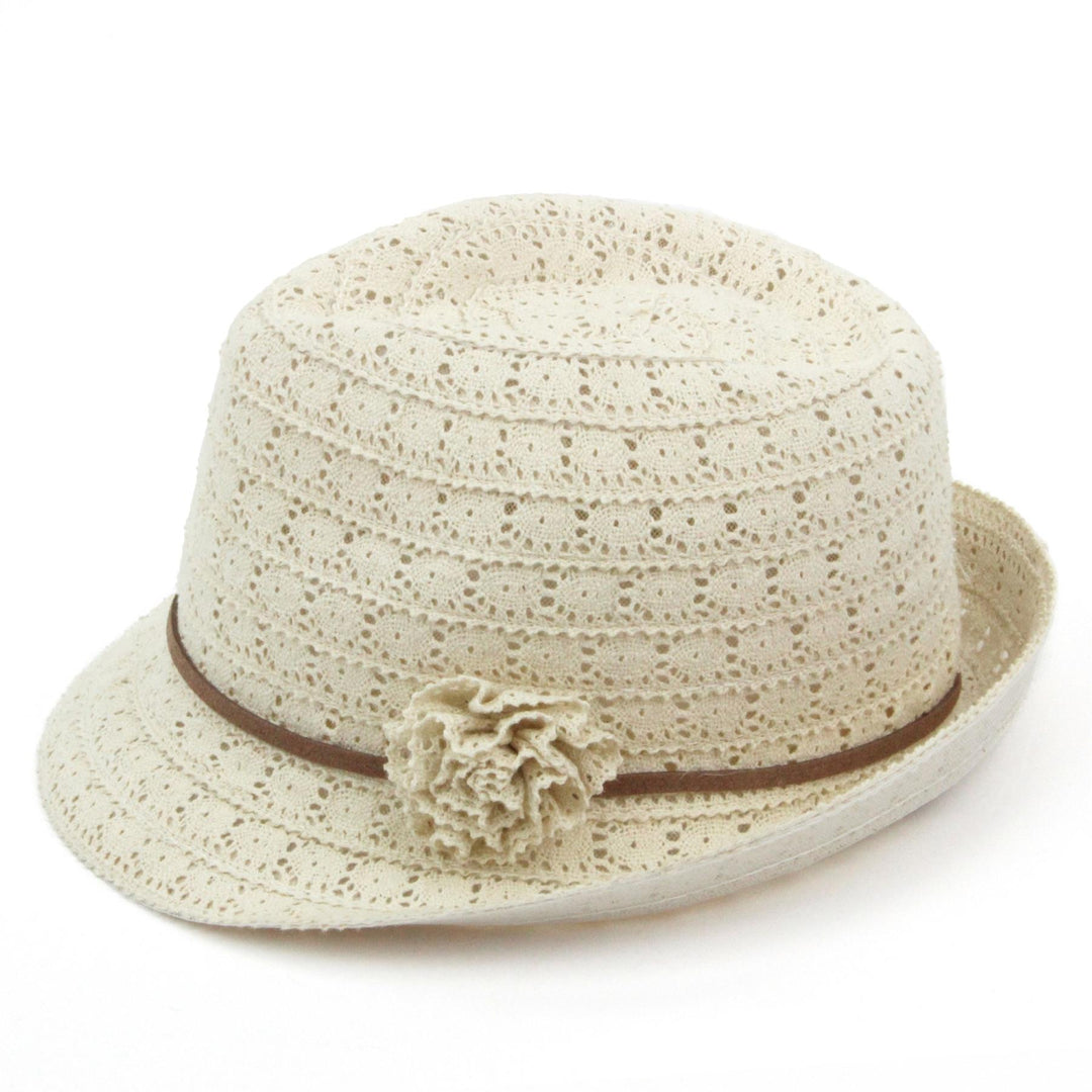 Ladies lace trilby hat with skinny faux leather band - Cream (57cm)