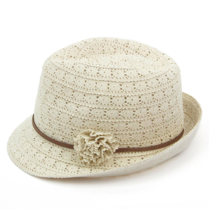 Ladies lace trilby hat with skinny faux leather band - Cream (57cm)
