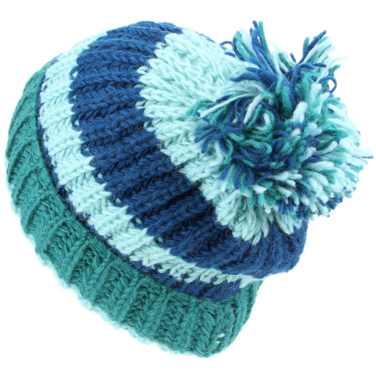 Chunky Wool Knit Baggy Slouch Striped Beanie Bobble Hat - Blue