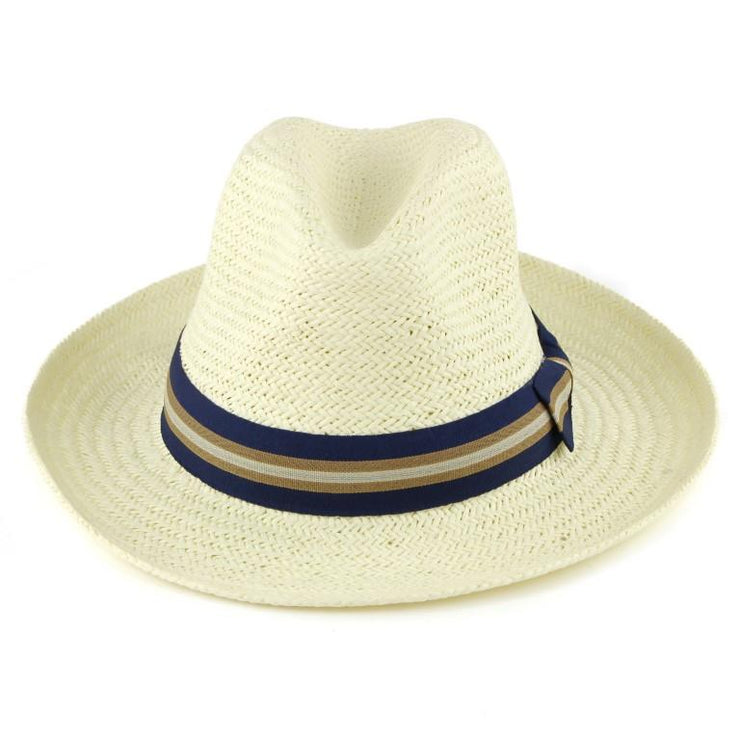 Wide Brim Straw Panama Fedora Hat  - Blue & Brown