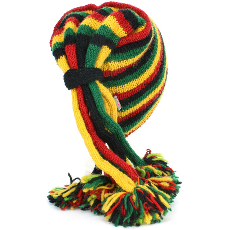 Wool Knit 'Fountain' Tassels Beanie Hat - Rasta