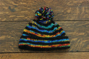 Chunky Wool Knit Beanie Bobble Hat - Stripe Black Rainbow SD