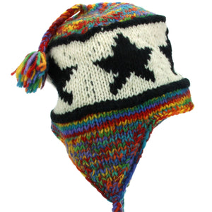 Wool Knit Earflap Tassel Hat - Star Rainbow SD Black