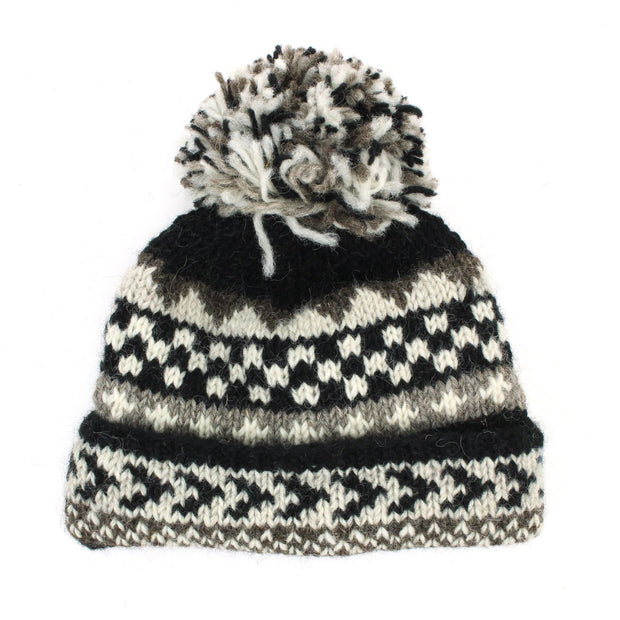 Hand Knitted Wool Beanie Bobble Hat - Chevron Black