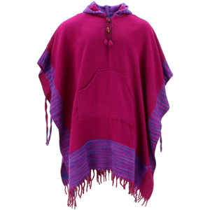 Poncho tibétain à capuche en laine végétalienne douce - violet prune