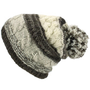 Wool Knit Bobble Beanie Hat - Stripe Natural