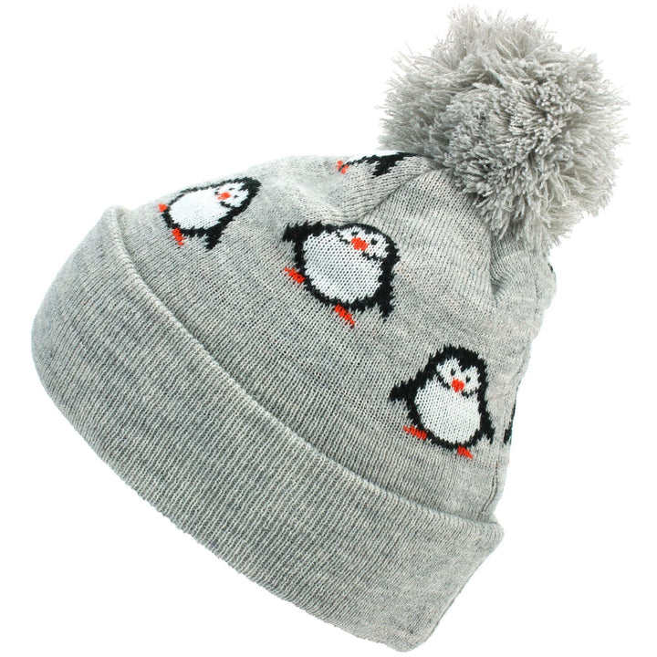 Kids Penguin Bobble Beanie Hat - Grey