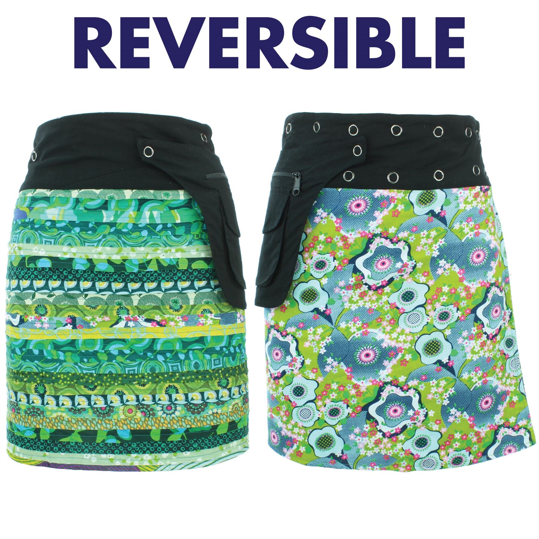 Jupe portefeuille reversible a boutons pression jusqu aux genoux bandes vertes florales loudelephant