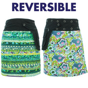 Reversible Popper Wrap Knee Length Skirt - Green Patch Strips / Floral Oyster