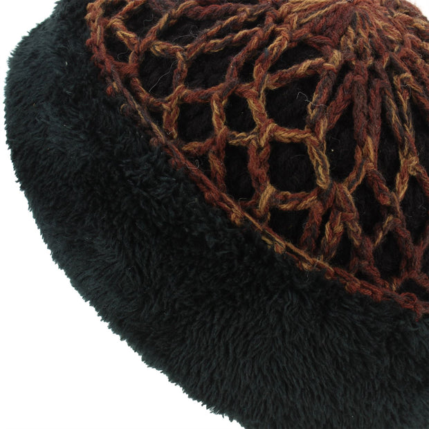 Acrylic Knit Lattice Flower Beanie Hat - Brown