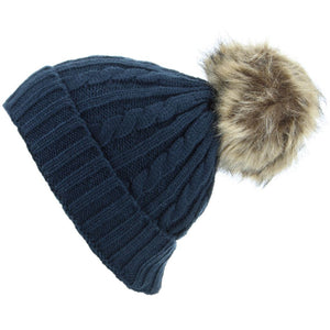 Cable Knit Beanie Hat with Faux Fur Bobble - Navy