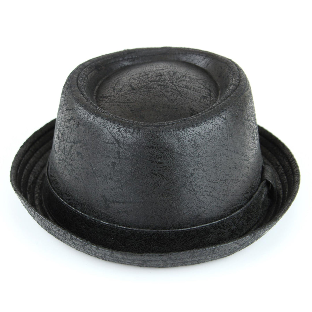 Distressed Leather Effect Pork Pie Hat - Black