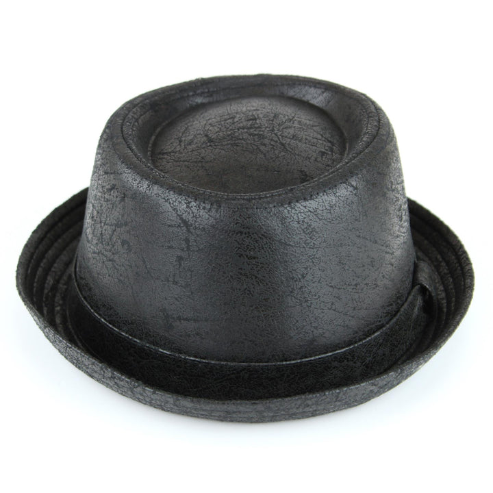 Distressed Leather Effect Pork Pie Hat - Black