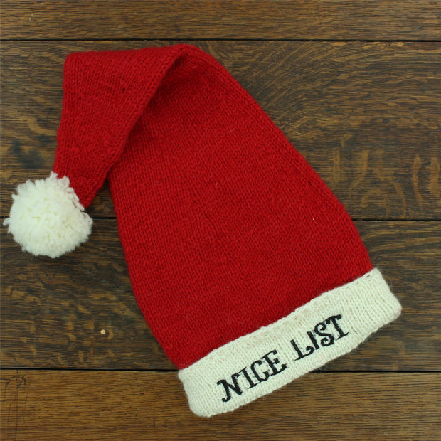 Hand Knitted Wool Christmas Beanie Hat - Nice List