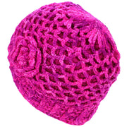 Acrylic Knit Lattice Flower Beanie Hat - Pink