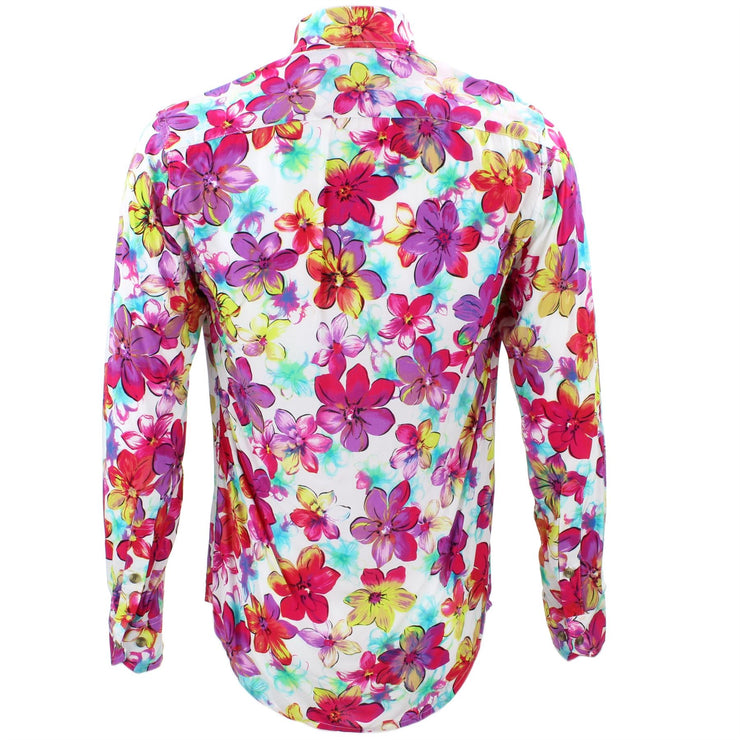 Tailored Fit Long Sleeve Shirt - Purple Red & Yellow Floral on White