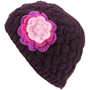 Bonnet en tricot torsadé de laine pour femme avec fleur contrastée - Violet
