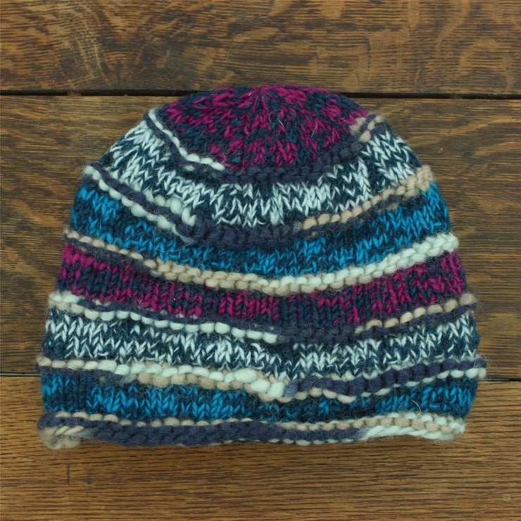 Hand Knitted Wool Beanie Hat - 17 Blue