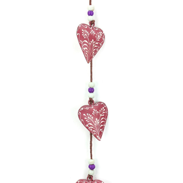 Hanging Mobile Decoration String of Hearts - Pink - Brown String