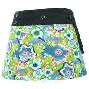 Reversible Popper Wrap Children's Size Mini Skirt - Green Patch Strips / Floral Oyster