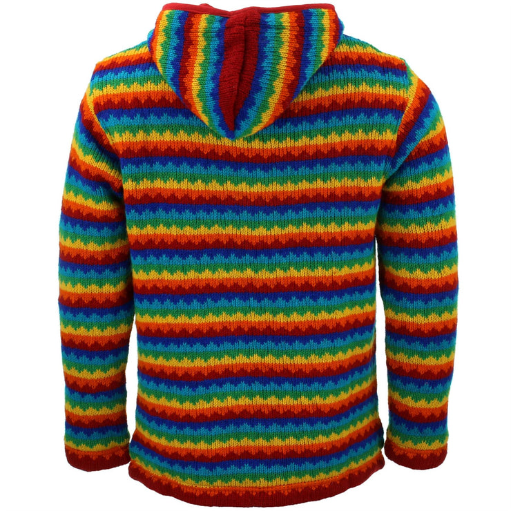 Wool Knit Hooded Cardigan Jacket - Rainbow Zig Zag