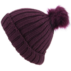 Chunky Knit Beanie Hat with Faux Fur Bobble - Purple
