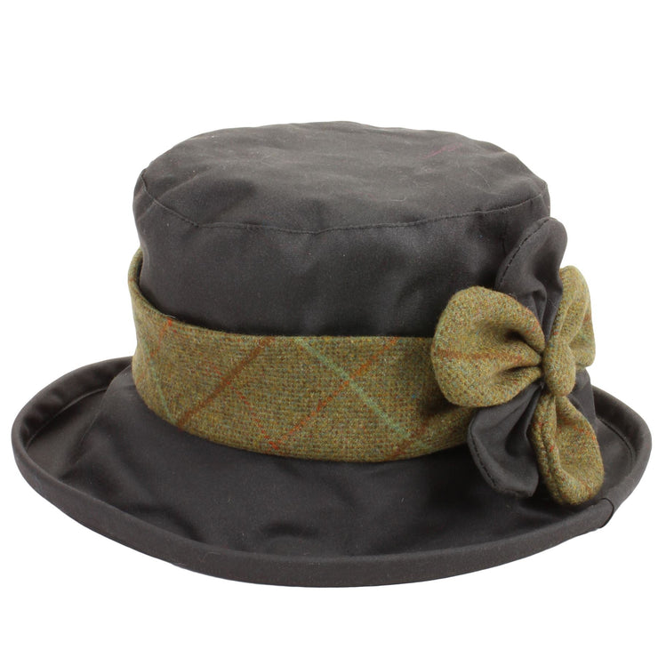 Ladies Wax Hat with Tweed Band and Flower - Olive