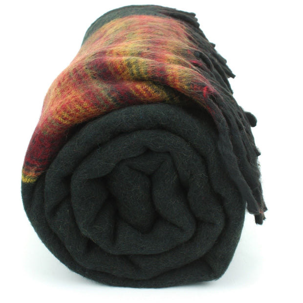 Tibetan Wool Blend Shawl Blanket - Black with Sunset Reverse