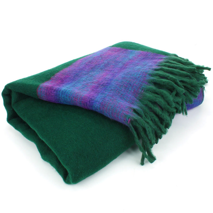 Tibetan Wool Blend Shawl Blanket - Green with Purple Reverse